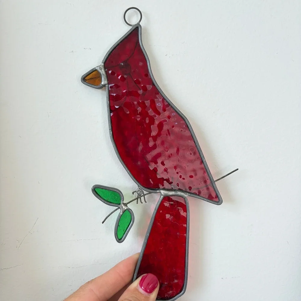 Vintage Stained Glass Cardinal Suncatcher Red Bird Window Hanging Decor 8 inch